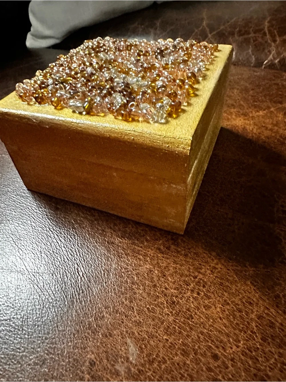 Hand Crafted Gold Beaded Trinket Box with Amber Accents